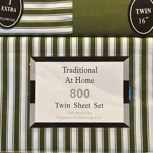 Traditional At Home 4 pc Twin Sheet Set Olive Green and white stripes.